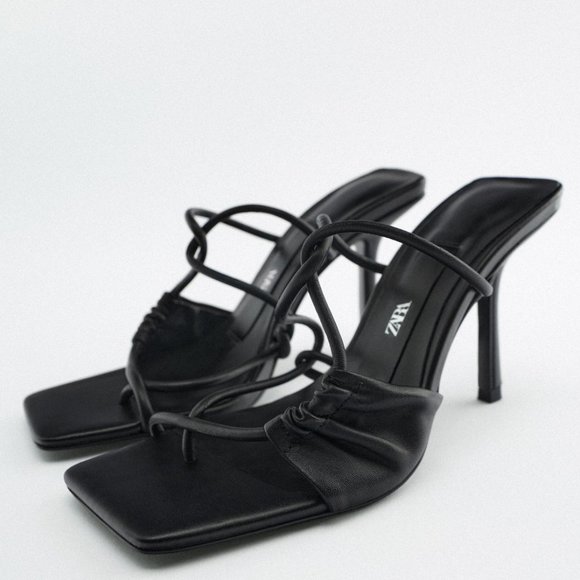 ZARA BLACK LEATHER ASYMMETRIC HEELED SANDALS